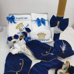 Trusou botez clasic print baieti pachet complet costum catifea albastru regal si lumanare fagure