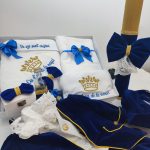 Trusou botez clasic print baieti pachet complet costum catifea albastru regal si lumanare fagure